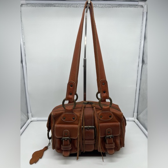 ROOTS VINTAGE Cognac Brown Leather Mini Emily Tassel Double Handles Shoulder Bag - Picture 4 of 16